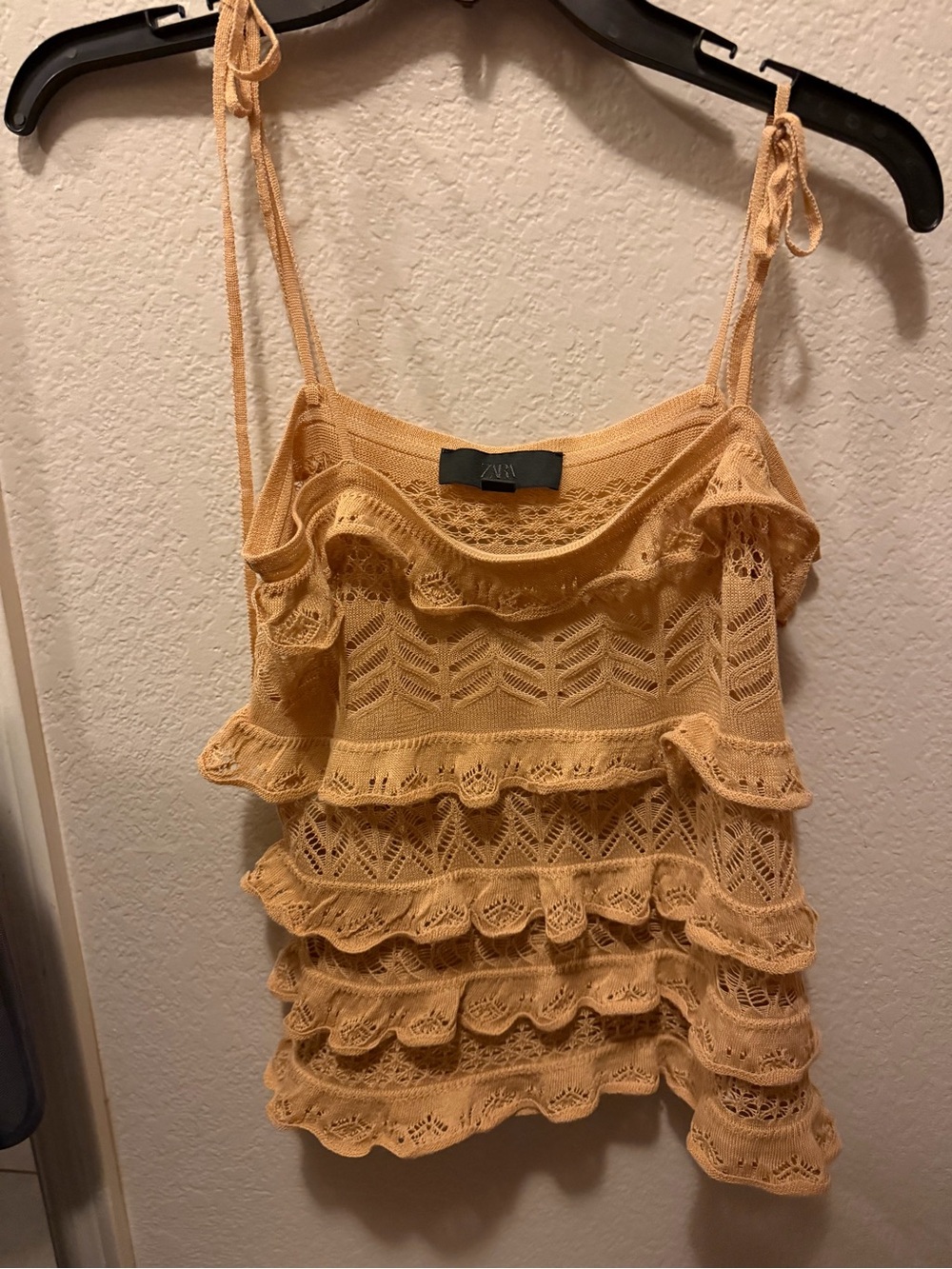 Zara Peach Knit Lace Ruffle Tie-Shoulder Tank
